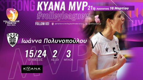 Η Ιωάννα Πολυνοπούλου KYANA MVP της 21ης αγωνιστικής της Volley League Γυναικών