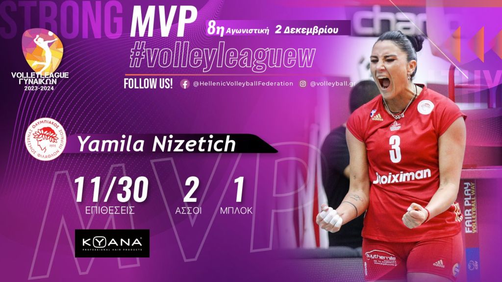 Η Γιαμίλα Νίζετιχ ΚΥΑΝΑ MVP της 8ης αγωνιστικής της Volley League Γυναικών